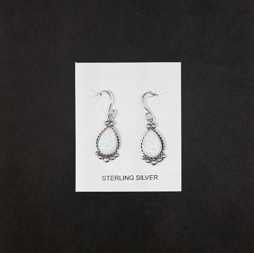 Dots Teardrop White Fire Opal sterling silver dangle earrings
