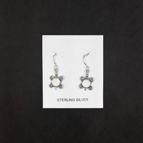 Baby butterfly 5 mm round White Fire Opal sterling silver dangle earrings