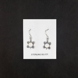 Baby butterfly 5 mm round White Fire Opal sterling silver dangle earrings