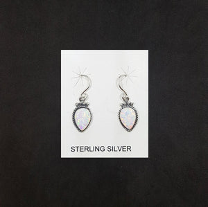 Four Points Diamond shape White Fire Opal sterling silver dangle earrings