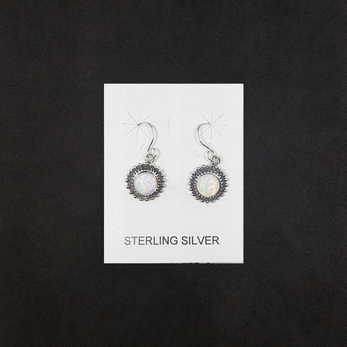 Petit points 6 mm round White Fire Opal sterling silver dangle earrings