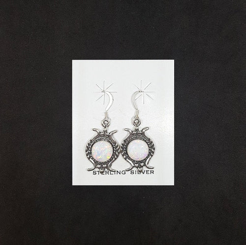 Wavy patterns 8 mm round White Fire Opal sterling silver dangle earrings