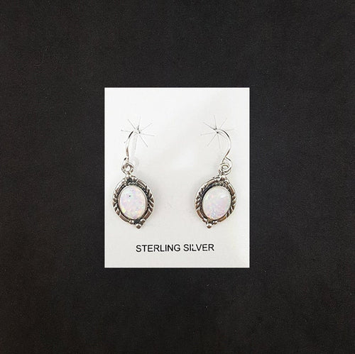 Oval White Fire Opal Dots sterling silver dangle earrings