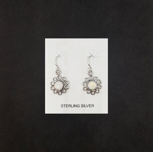 Sunflower 5 mm round White Fire Opal sterling silver dangle earrings