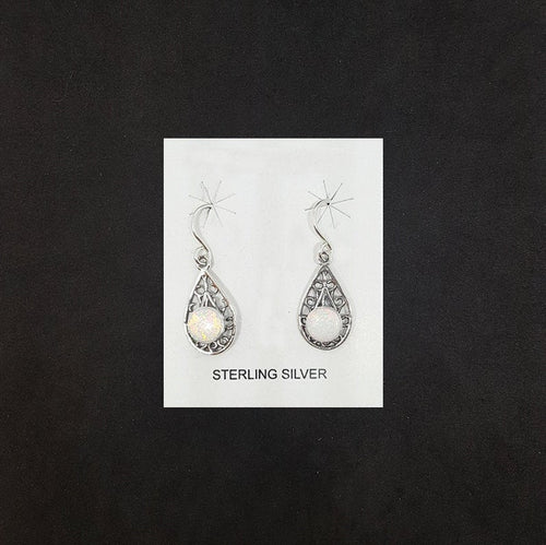 Teardrop Curvy patterns 6 mm round White Fire Opal sterling silver dangle earrings