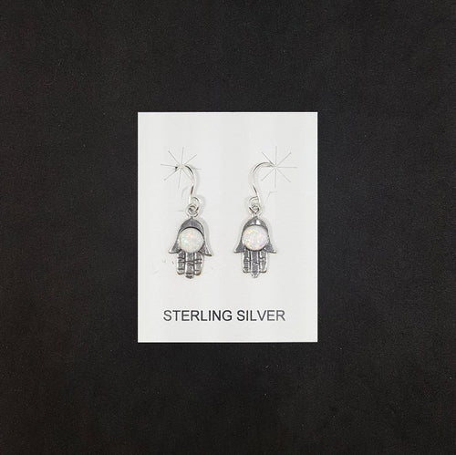 5 mm round White Fire Opal hand shape sterling silver dangle earrings