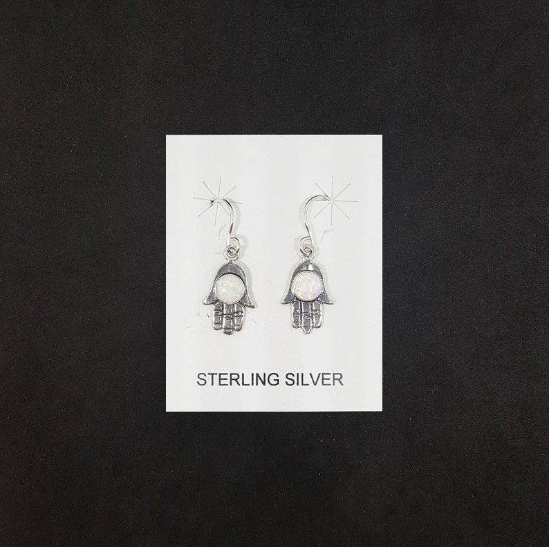 5 mm round White Fire Opal hand shape sterling silver dangle earrings