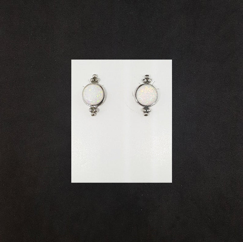 8 mm round White Fire Opal dots sterling silver post earrings