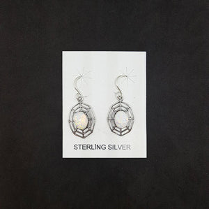 Oval White Fire Opal Spider Web shape sterling silver dangle earrings