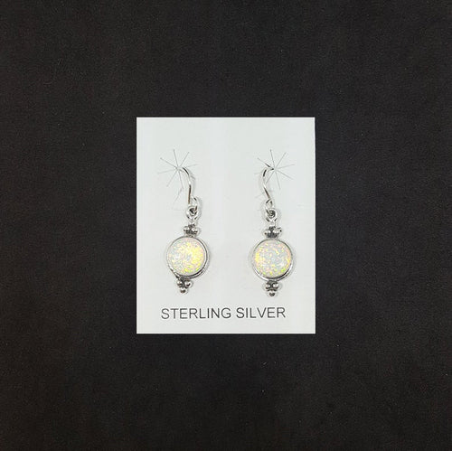 8 mm round White Fire Opal dots sterling silver dangle earrings