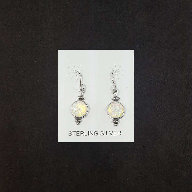 8 mm round White Fire Opal dots sterling silver dangle earrings