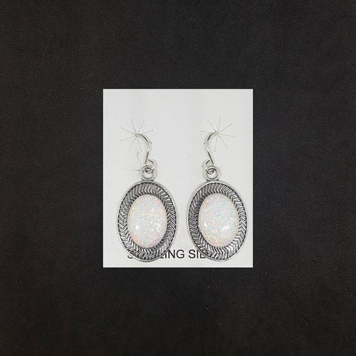 Ancient pattern Oval White Fire Opal sterling silver dangle earrings