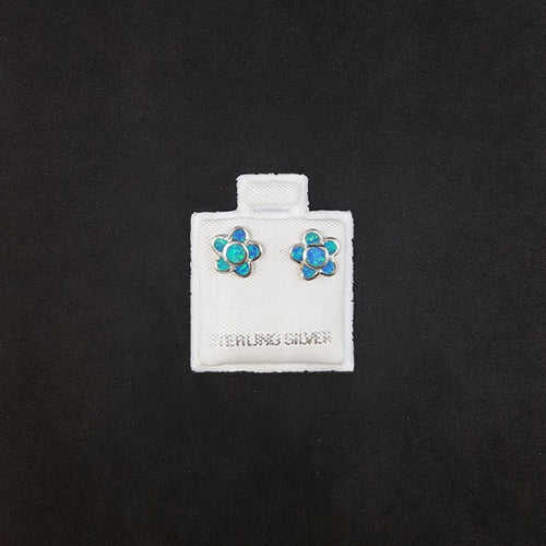 Blue Fire Opal With Five Petal Flower Sterling Silver Stud Earrings