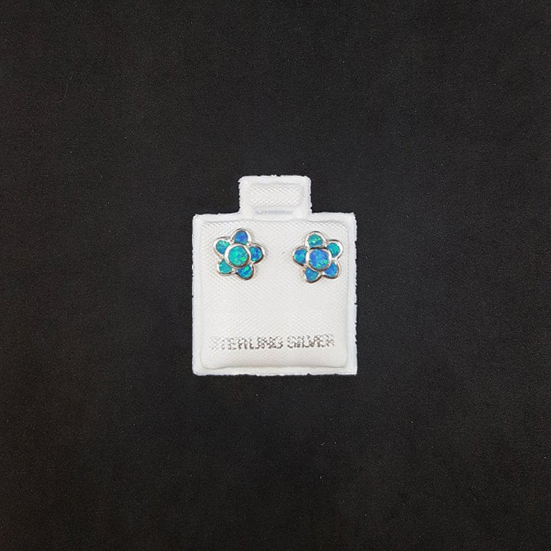 Blue Fire Opal With Five Petal Flower Sterling Silver Stud Earrings