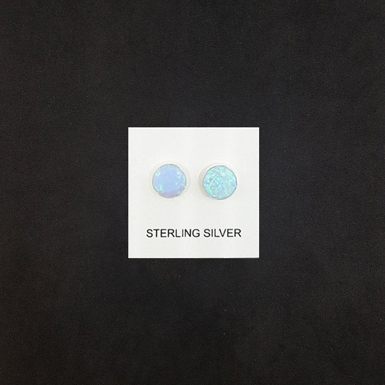6 mm round Light Blue Fire Opal sterling silver stud earrings