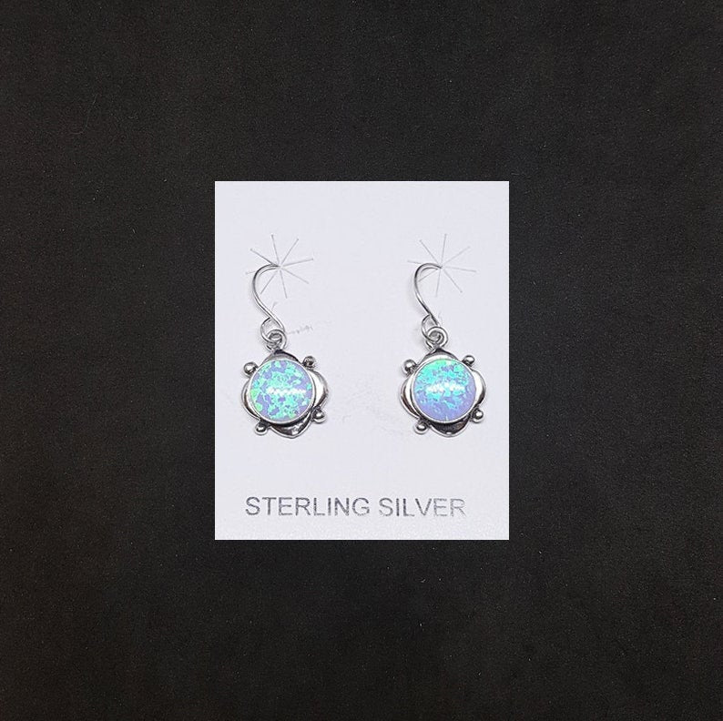 8 mm round Light Blue Fire Opal dots on diamond shape sterling silver dangle earrings