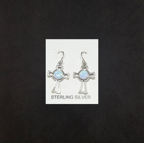 Cross 6 mm round Light Blue Fire Opal sterling silver dangle earrings