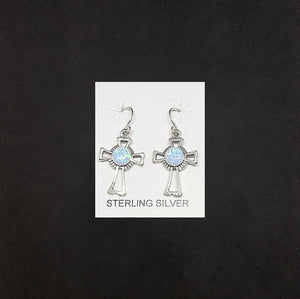 Cross 6 mm round Light Blue Fire Opal sterling silver dangle earrings
