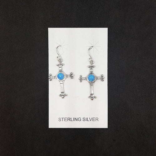 Cross 5 mm round Blue Fire Opal sterling silver dangle earrings