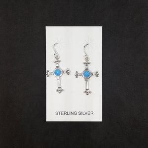 Cross 5 mm round Blue Fire Opal sterling silver dangle earrings