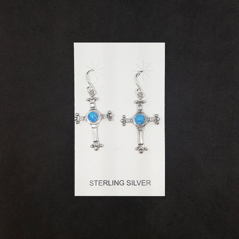 Cross 5 mm round Blue Fire Opal sterling silver dangle earrings