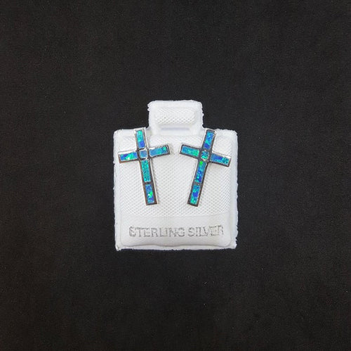 Cross Blue Fire Opal sterling silver stud earrings