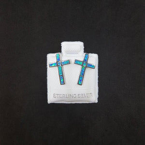 Cross Blue Fire Opal sterling silver stud earrings