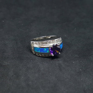 Size 7 - Single Stripe round Amethyst rectangle Blue Fire Opal micro CZ sterling silver ring