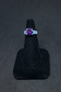 Size 6 1/4 - Two Stripes round Amethyst Blue Fire Opal sterling silver ring