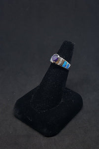 Size 6 1/2 - Blue Fire Opal micro CZ Amethyst pear-cut sterling silver ring