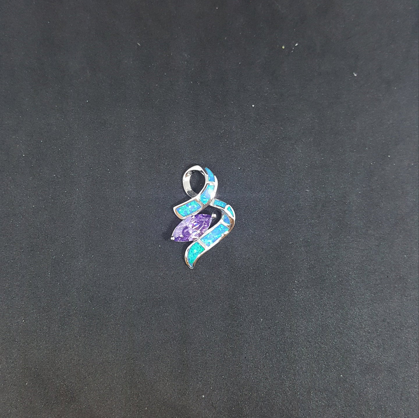 Blue Fire Opal Wavy shape with Marquise shape Amethyst sterling silver pendant