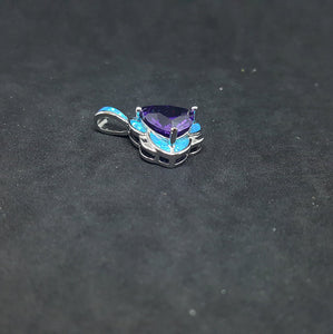 Blue Fire Opal flower shape with Triangles shape Amethyst sterling silver pendant