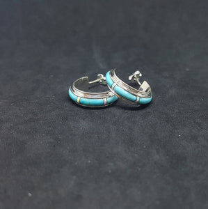 1/2 inch round inlay Sleeping beauty turquoise sterling silver hoop earrings