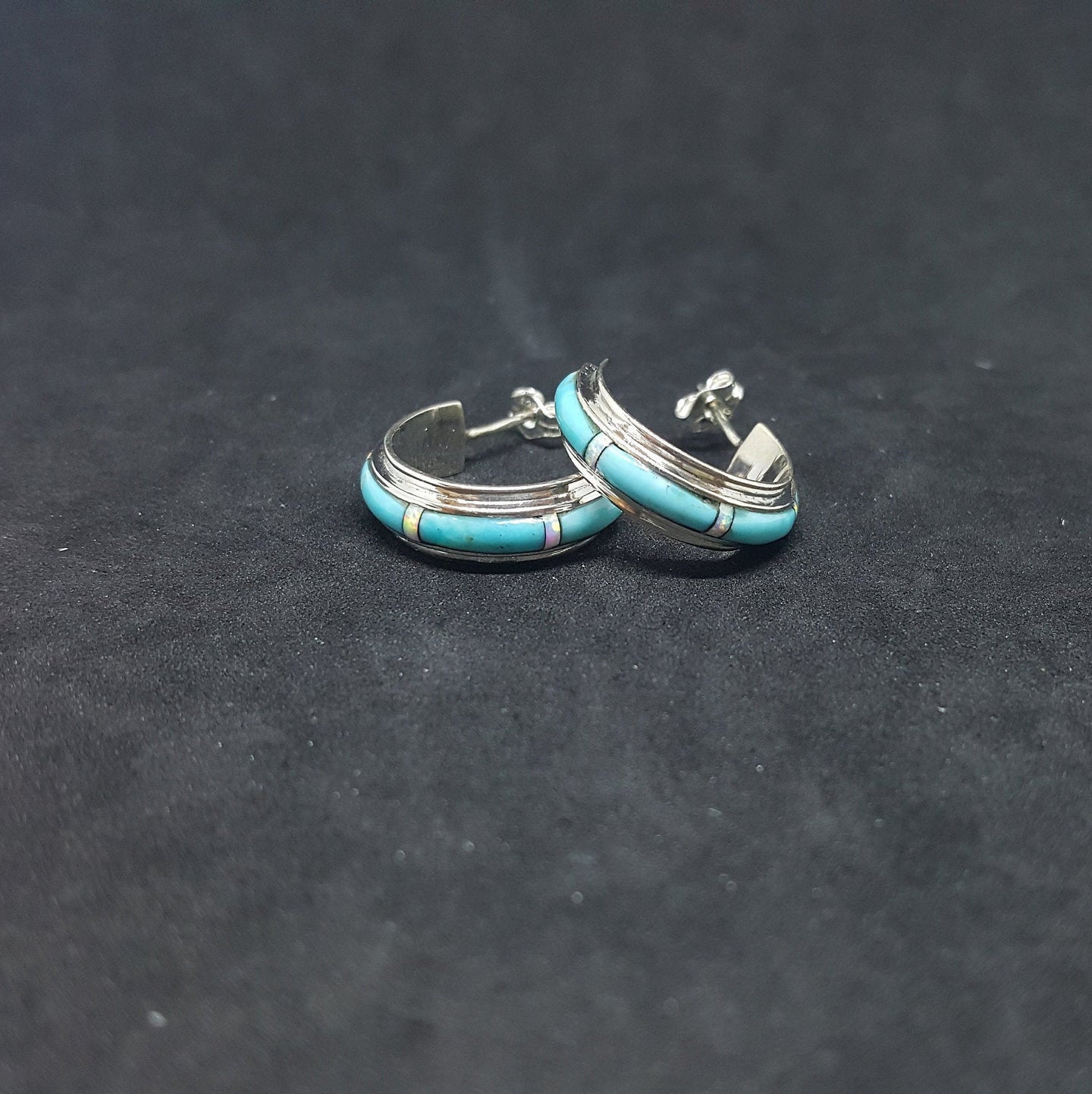 1/2 inch round inlay Sleeping beauty turquoise sterling silver hoop earrings