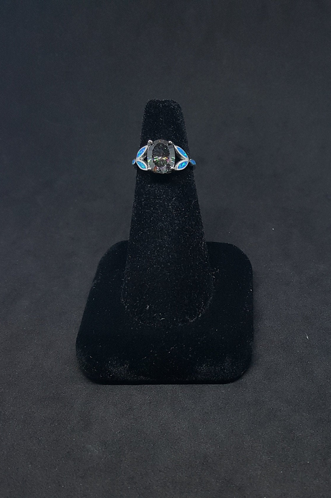 Size 6 - Small flowers Blue Fire Opal oval Mystic Amethyst sterling silver ring