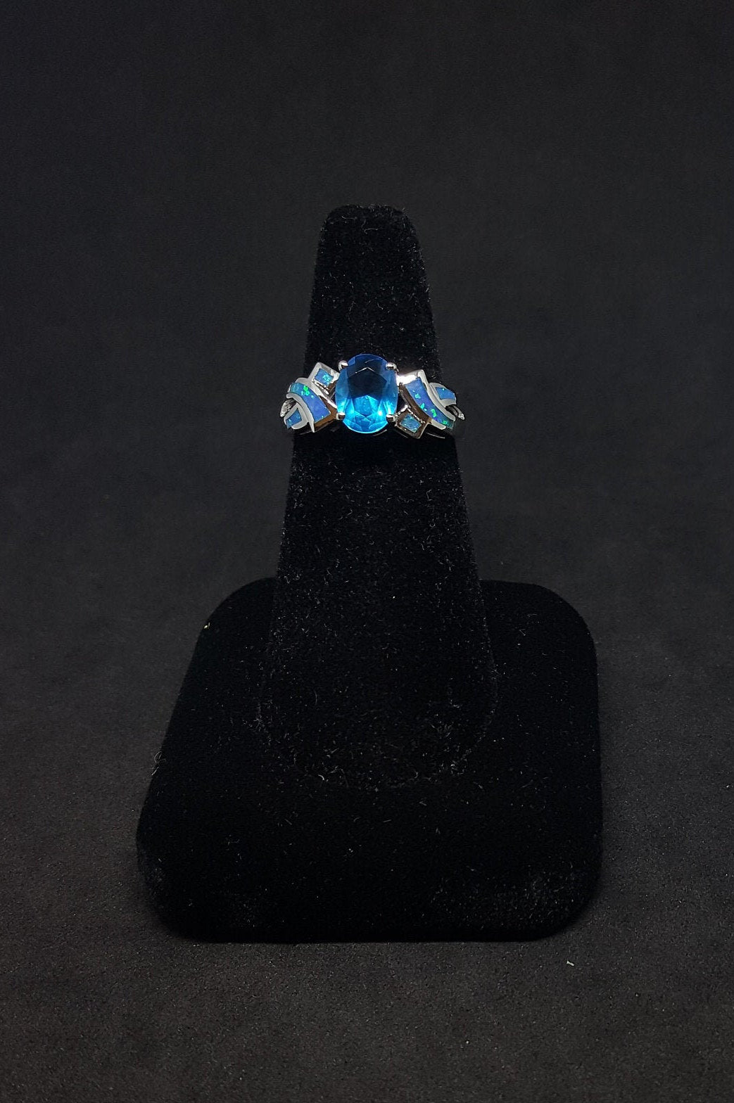 Size 8 - String knot Blue Fire Opal oval Topaz sterling silver ring