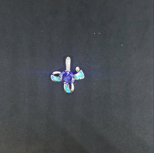 Blue Fire Opal flower shape with Triangles shape Amethyst and CZ sterling silver pendant