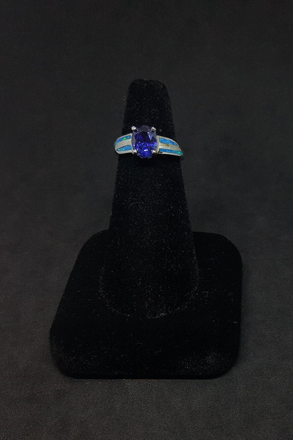 Size 6 1/4 - Two stripes Blue Fire Opal oval Tanzanite sterling silver ring