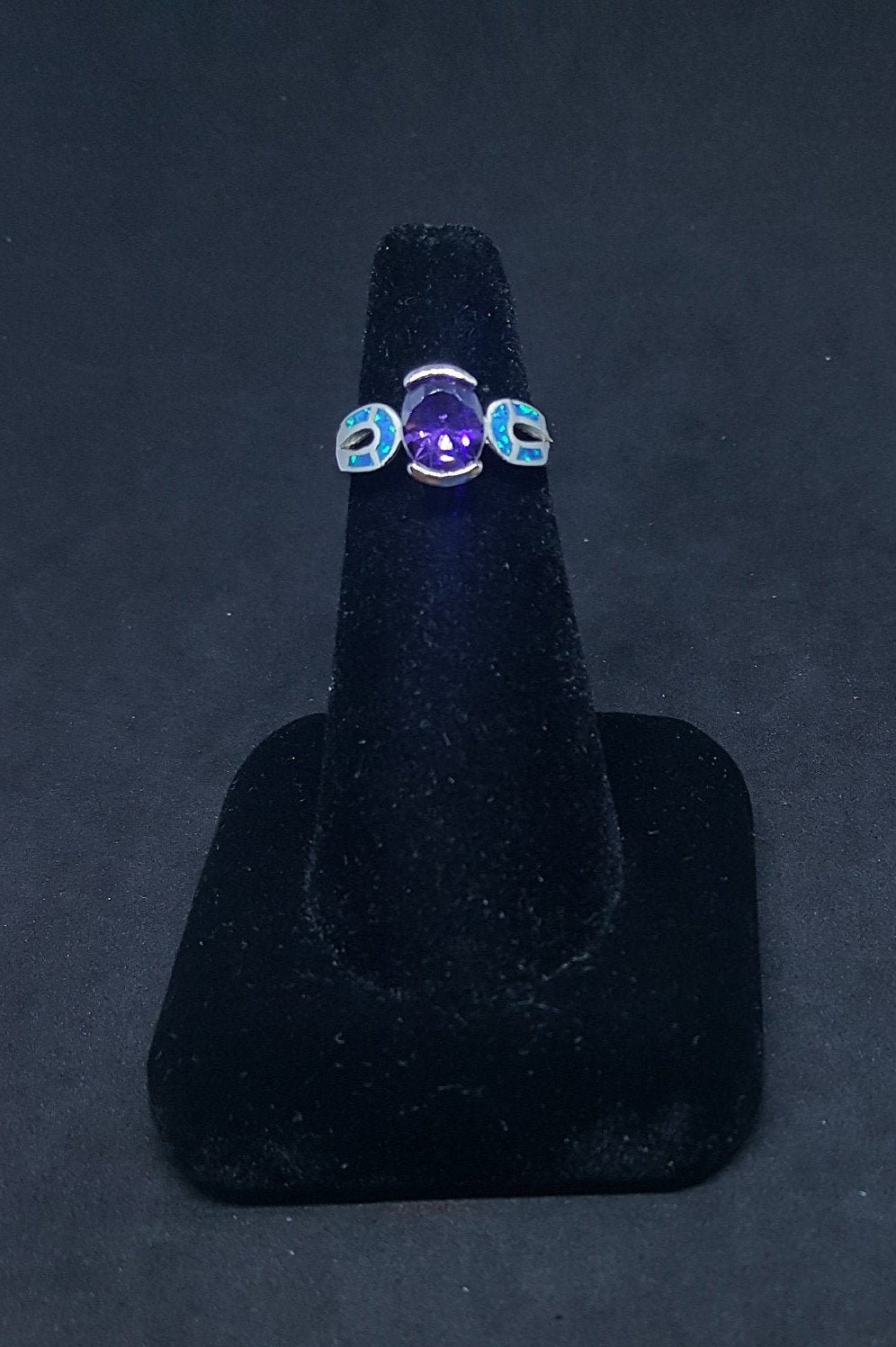 Size 6 1/4 - simple rope Blue Fire Opal oval Amethyst sterling silver ring