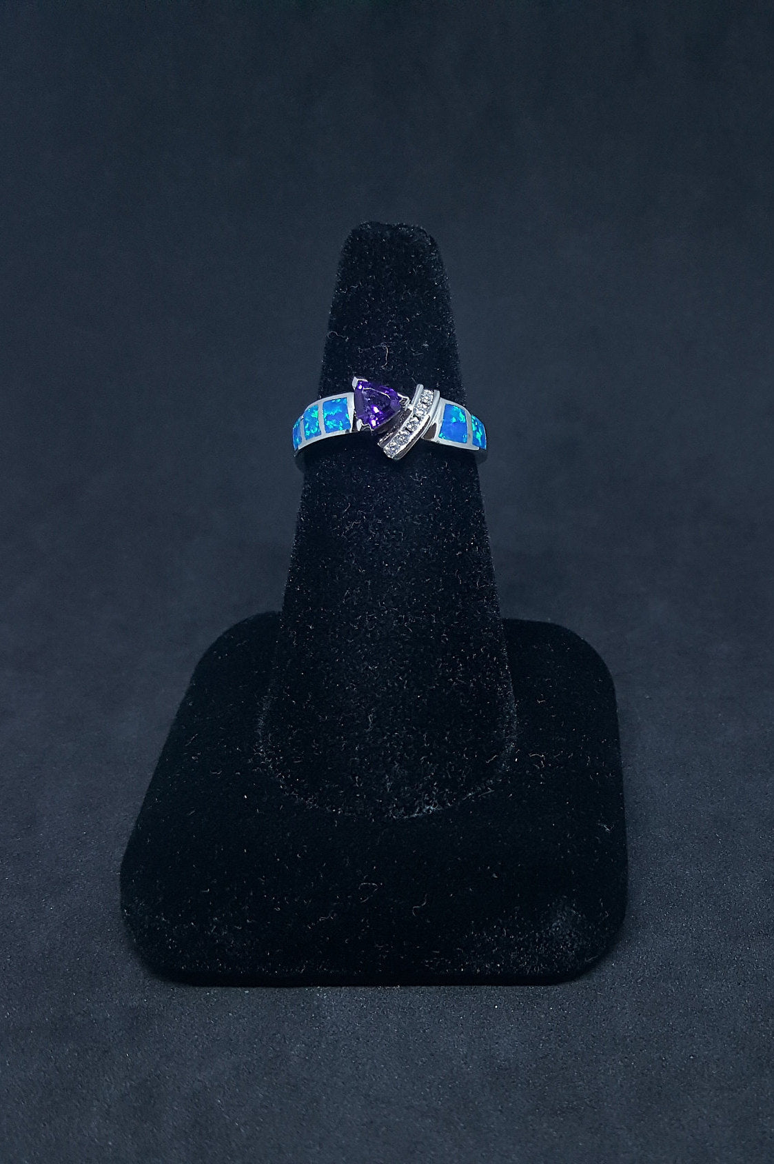 Size 8 1/4 - arrow Blue Fire Opal micro CZ trillion-cut Amethyst sterling silver ring