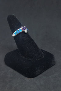 Size 8 1/4 - arrow Blue Fire Opal micro CZ trillion-cut Amethyst sterling silver ring