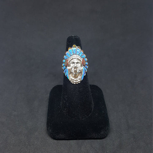 Chief head ring - inlay Blue Fire Opal and Red Fire Opal - sterling silver ring - size 8 1/2 size 10