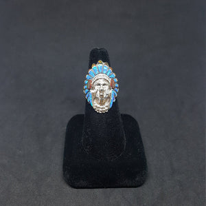 Chief head ring - inlay Blue Fire Opal and Red Fire Opal - sterling silver ring - size 8 1/2 size 10
