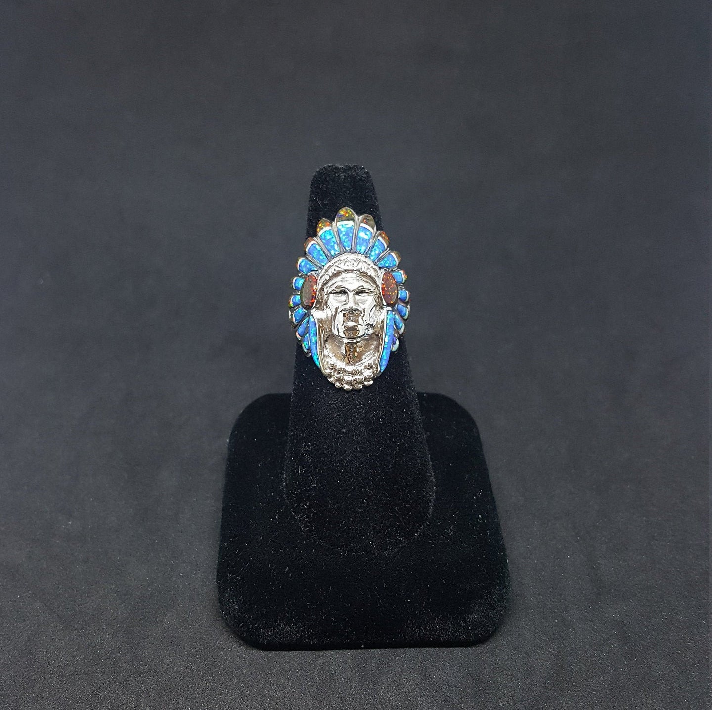 Chief head ring - inlay Blue Fire Opal and Red Fire Opal - sterling silver ring - size 8 1/2 size 10