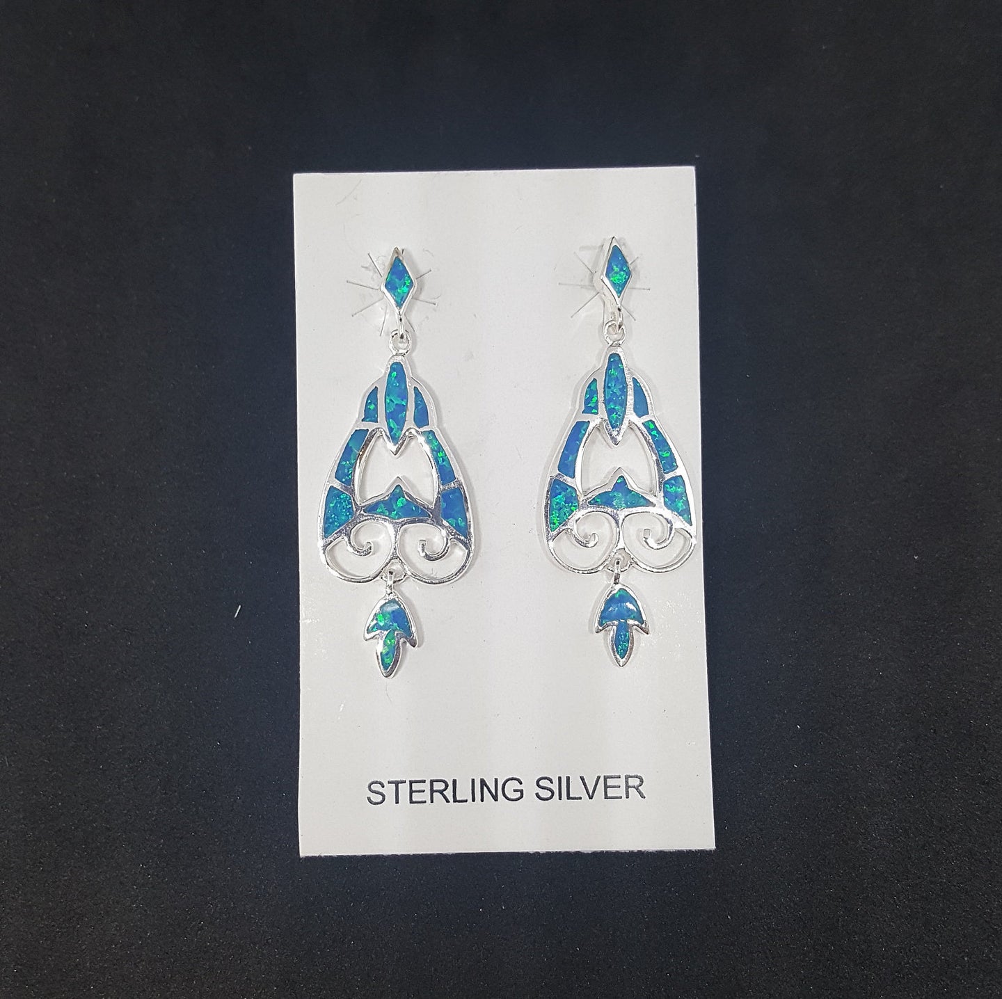 Spiral Triangle Dream Catcher Blue Fire Opal Sterling silver stud earrings