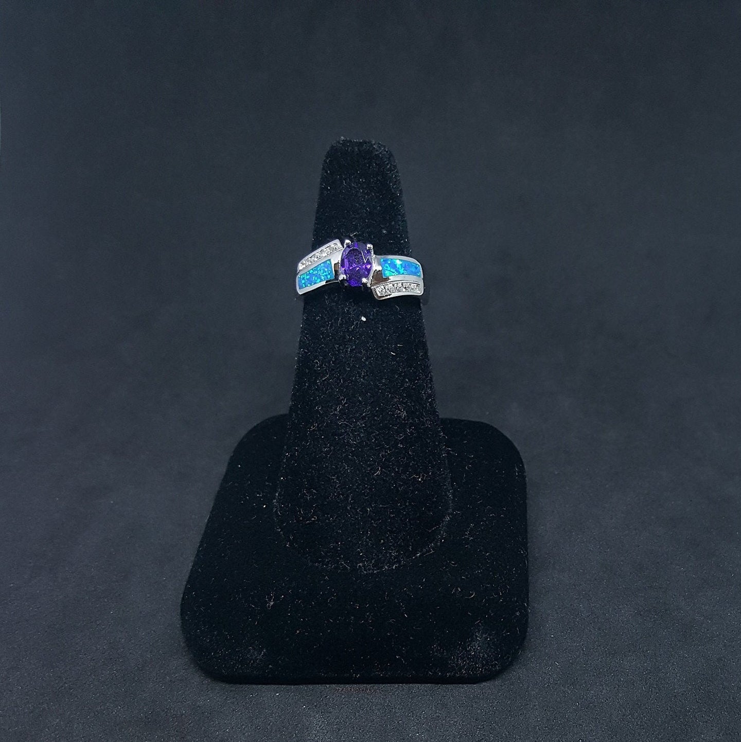 Size 8 - Blue Fire Opal micro CZ oval Amethyst sterling silver ring