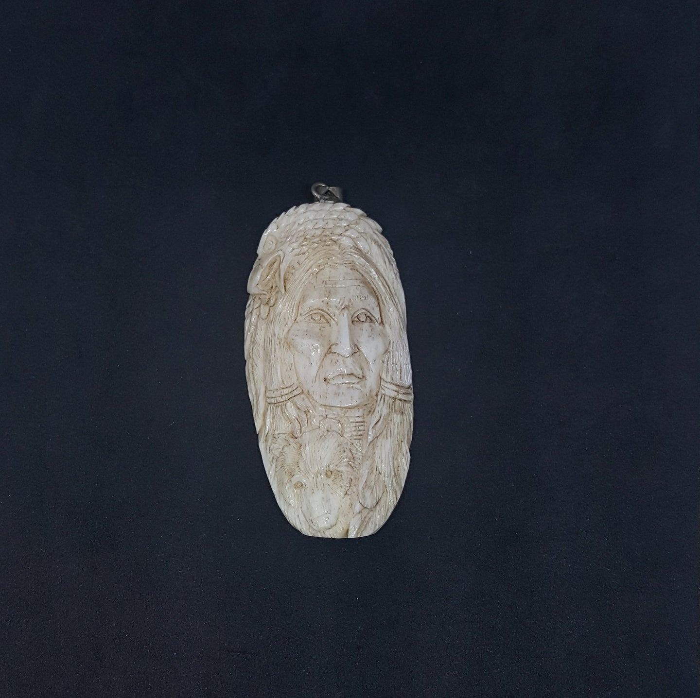 Carving Deer horn Native lady with animals Pendant