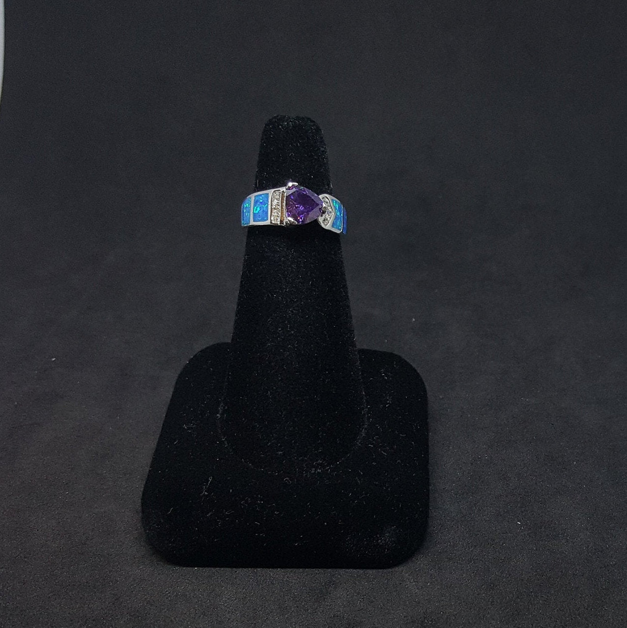 Size 6 - Belt trillion-cut Amethyst Blue opal micro CZ Sterling silver ring