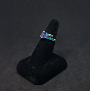 Size 8 - Tied up rectangle Amethyst Blue opal Sterling silver ring