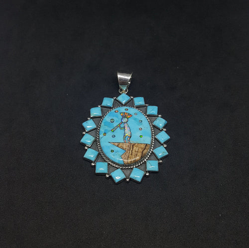 Cluster Kokopelli sandstone white fire opal oval twisted design sterling silver pendant